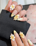 Handmade 3D Plumeria Flower Yellow French Tip Summer Press on Nails Z08