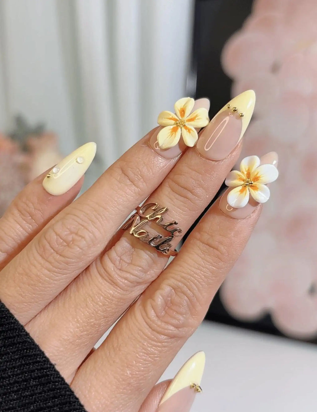 Handmade 3D Plumeria Flower Yellow French Tip Summer Press on Nails Z08