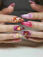 Handmade 3D Purple Floral Art Gold Wave Chrome Pearl Press on Nails U77