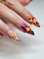 Handmade 3D Purple Floral Art Gold Wave Chrome Pearl Press on Nails U77