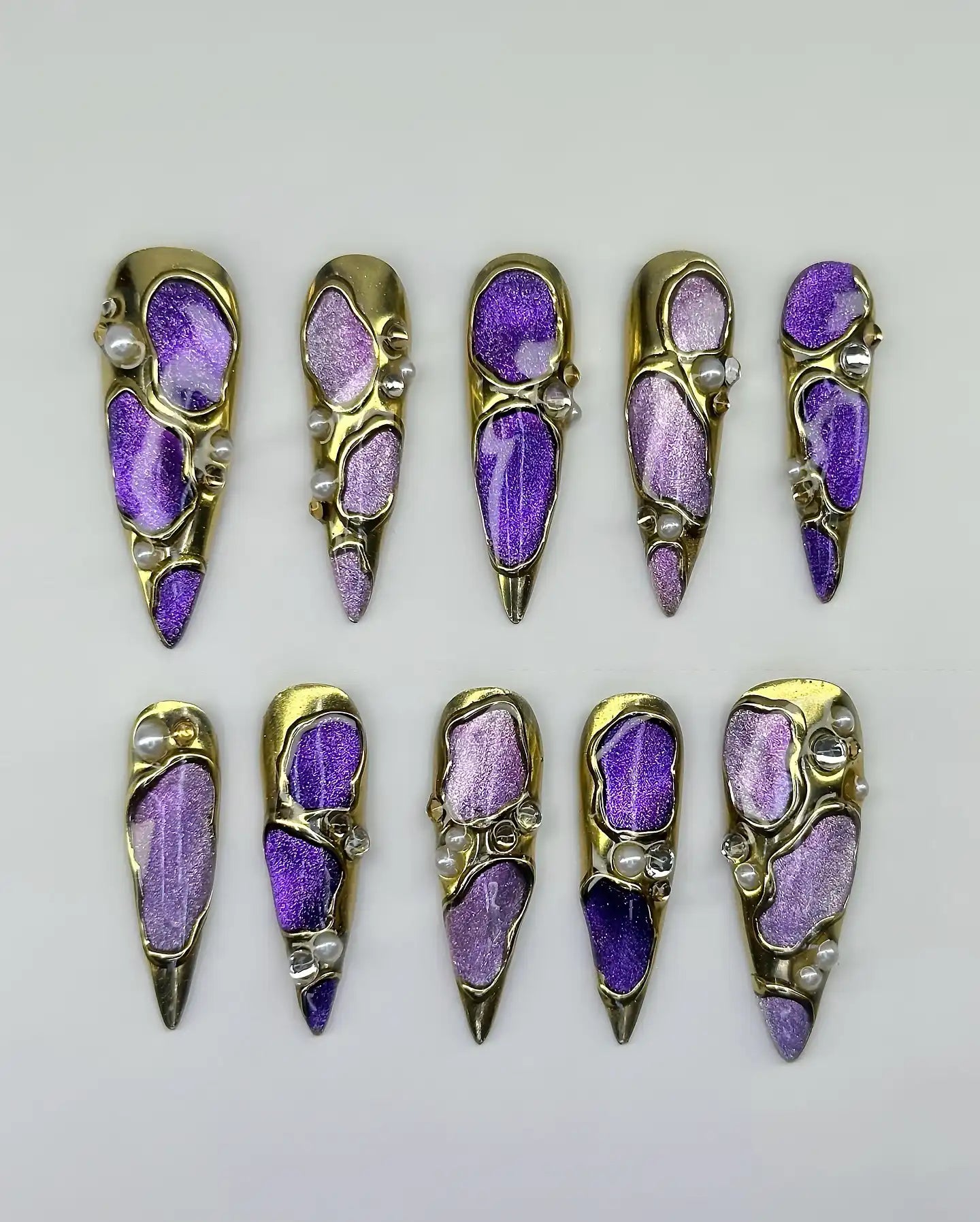 Handmade 3D Purple Galaxy Gold Chrome Iridescent Fantasy Press on Nails C15