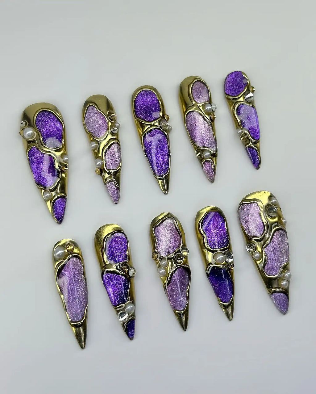 Handmade 3D Purple Galaxy Gold Chrome Iridescent Fantasy Press on Nails C15