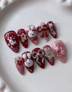 Handmade 3D Red Bunny Bow Star Cute Kawaii Holiday Press on Nails C61