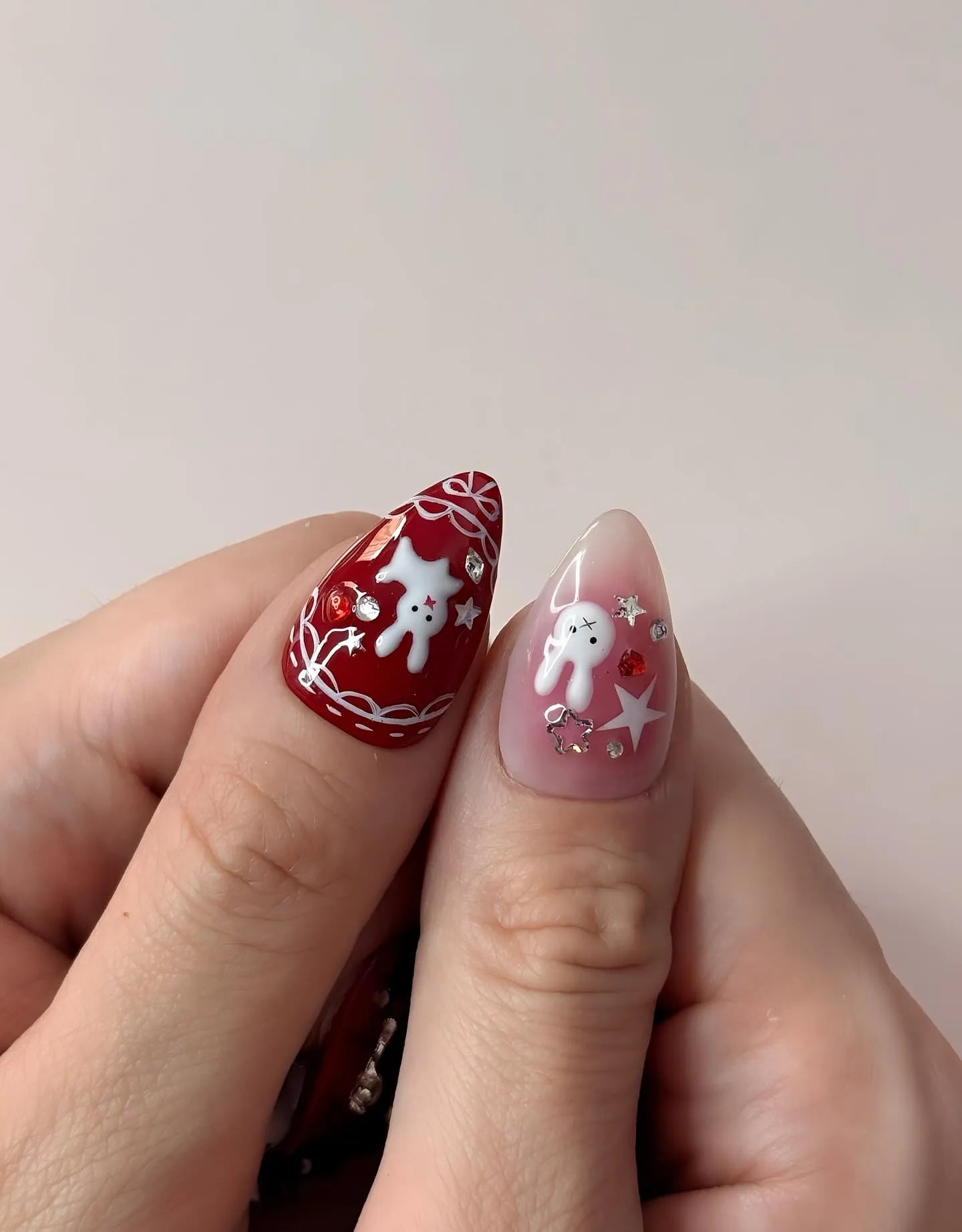 Handmade 3D Red Bunny Bow Star Cute Kawaii Holiday Press on Nails C61