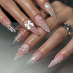 Handmade 3D Ribbon in Pink and Silver Butterfly Press on Nails Q59