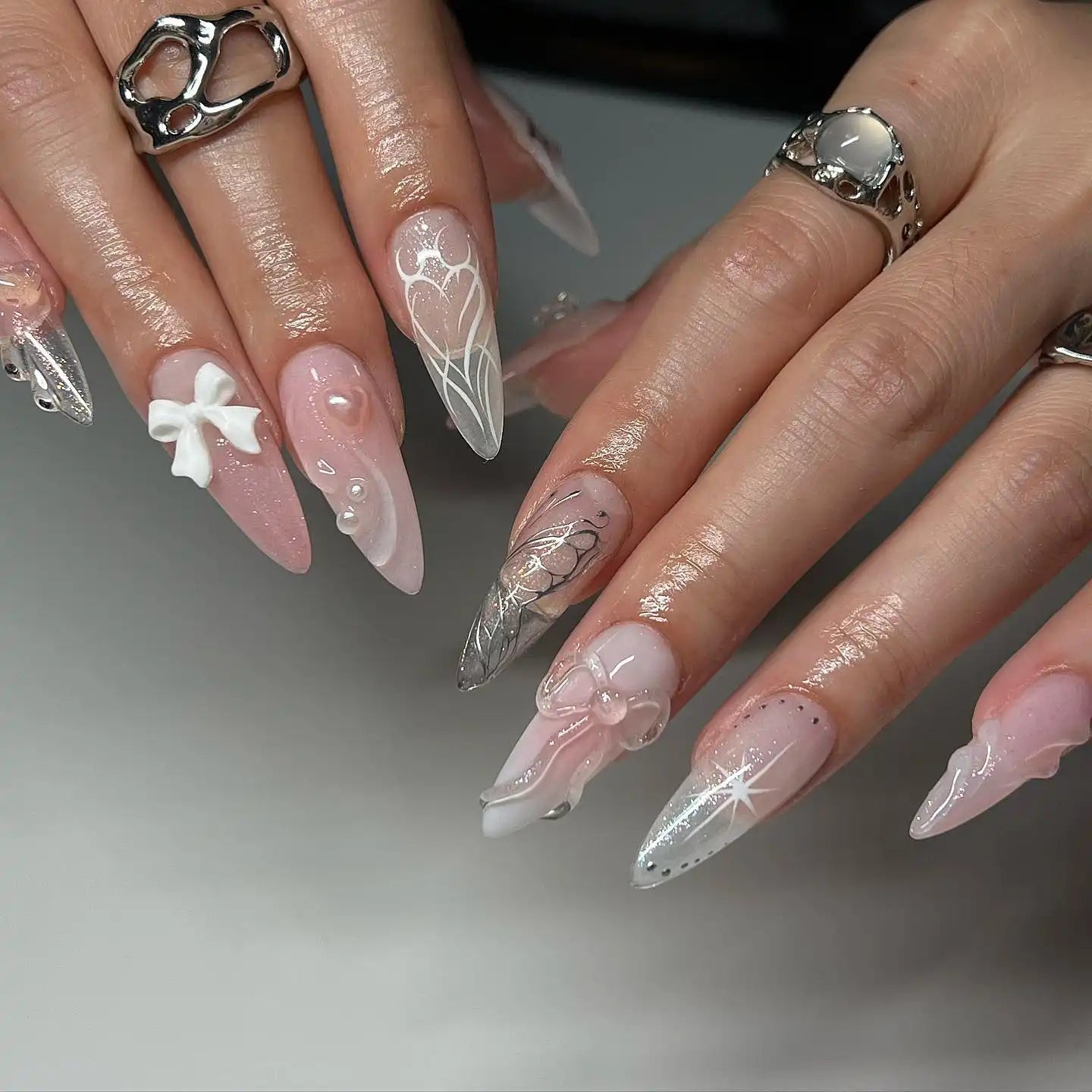 Handmade 3D Ribbon in Pink and Silver Butterfly Press on Nails Q59