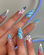 Handmade 3D Seashell Floral Plaid Blue Summer Beach Press on Nails Y88