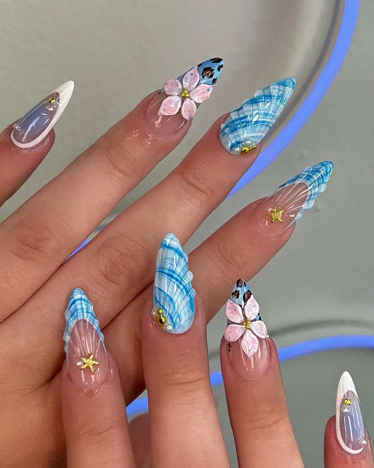 Handmade 3D Seashell Floral Plaid Blue Summer Beach Press on Nails Y88
