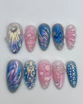 Handmade 3D Seashell Mermaid Blue Pink Chrome Press on Nails H76