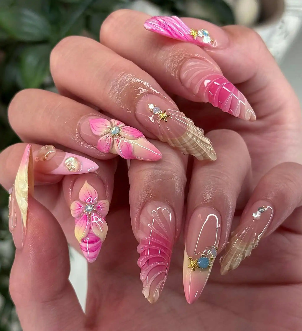 Handmade 3D Seashell Mermaid Pink Ombre Beach Summer Press on Nails Z57