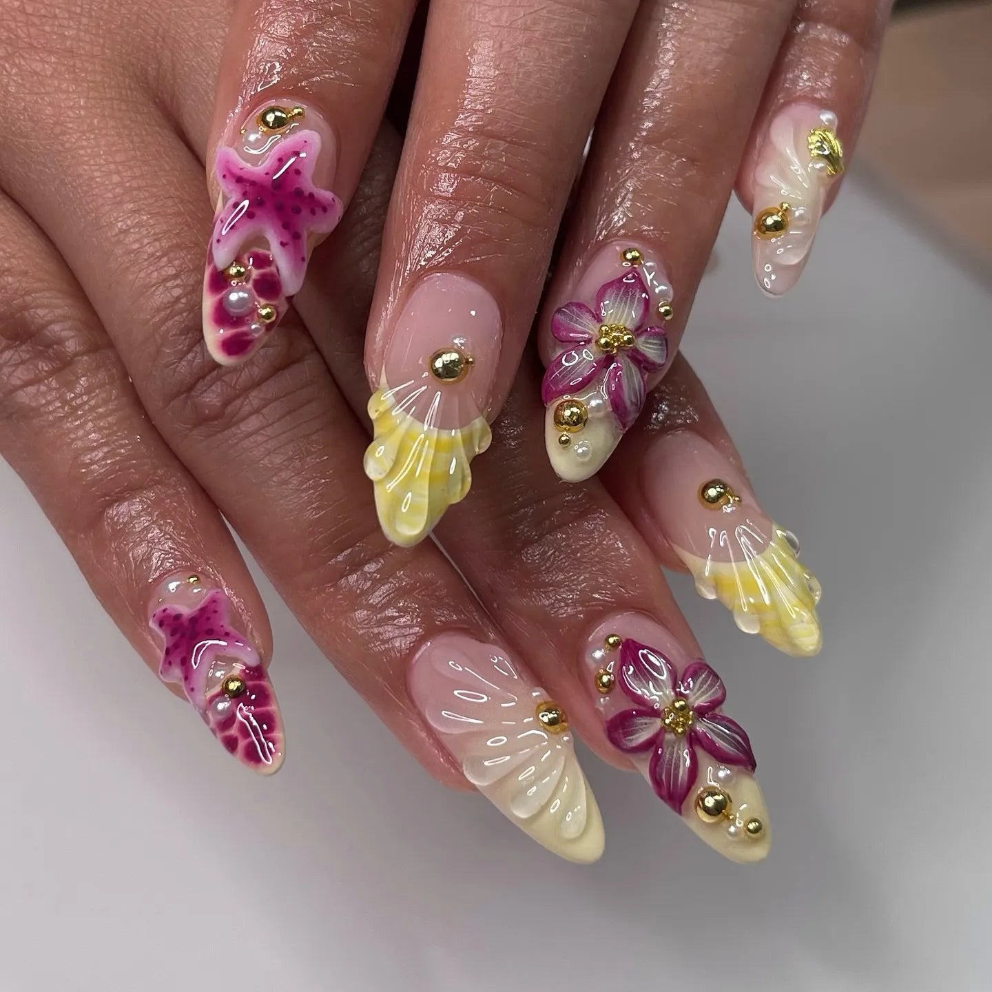 Handmade 3D Seashell Starfish Yellow Pink Ocean Beach Vacation Press on Nails T13