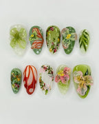 Handmade 3D Floral Tropical Orchid Lily Garden Green Press on Nails Z25