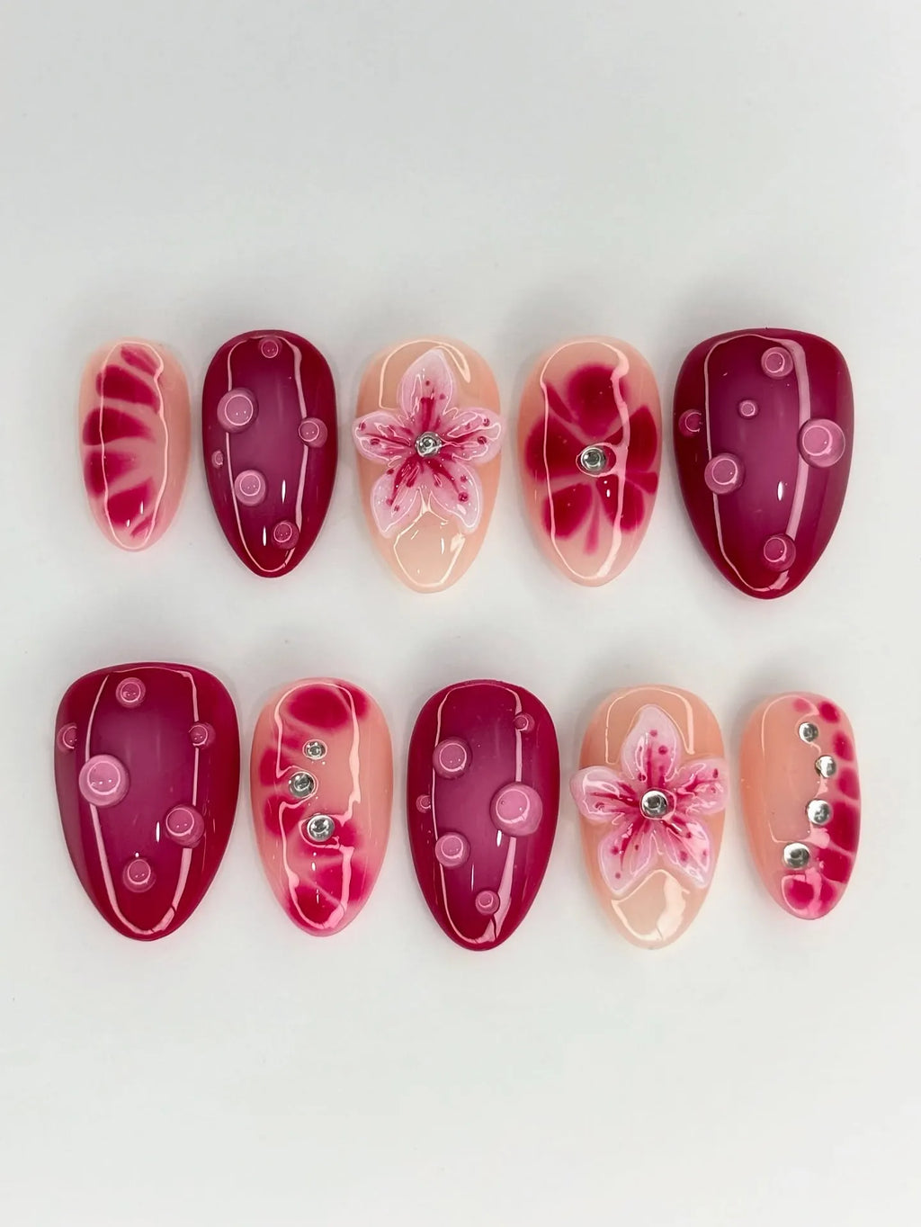 Handmade 3D Tropical Orchid Lily Garden Green Floral Press on Nails H84