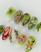 Handmade 3D Floral Tropical Orchid Lily Garden Green Press on Nails Z25