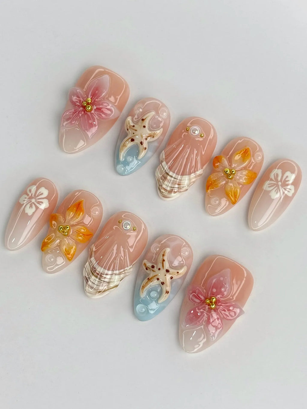 Handmade 3D Ocean Tropical Orchid Lily Garden Green Floral Press on Nails D11