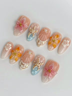 Handmade 3D Ocean Tropical Orchid Lily Garden Green Floral Press on Nails D11