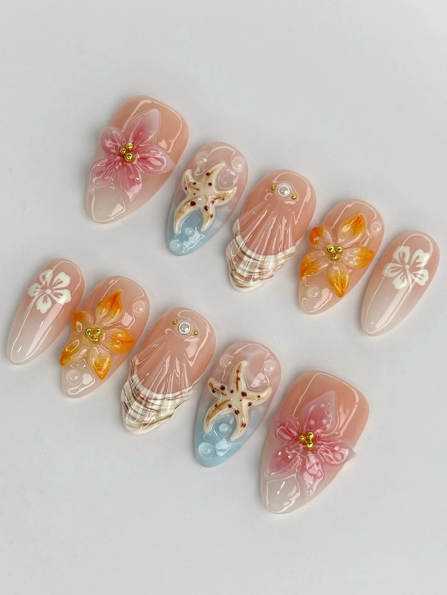 Handmade 3D Ocean Tropical Orchid Lily Garden Green Floral Press on Nails D11