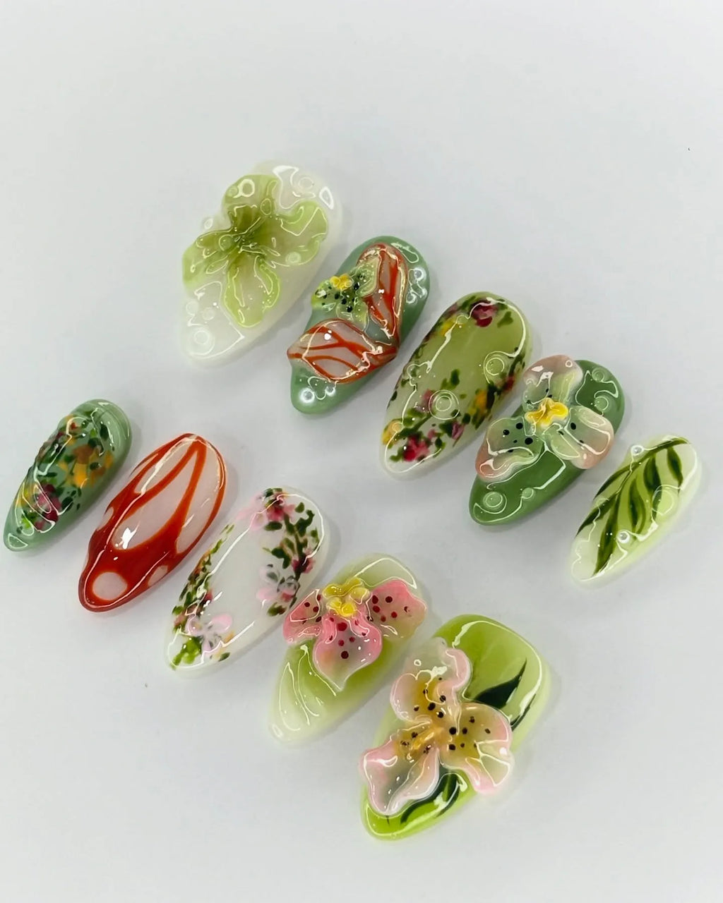 Handmade 3D Floral Tropical Orchid Lily Garden Green Press on Nails Z25