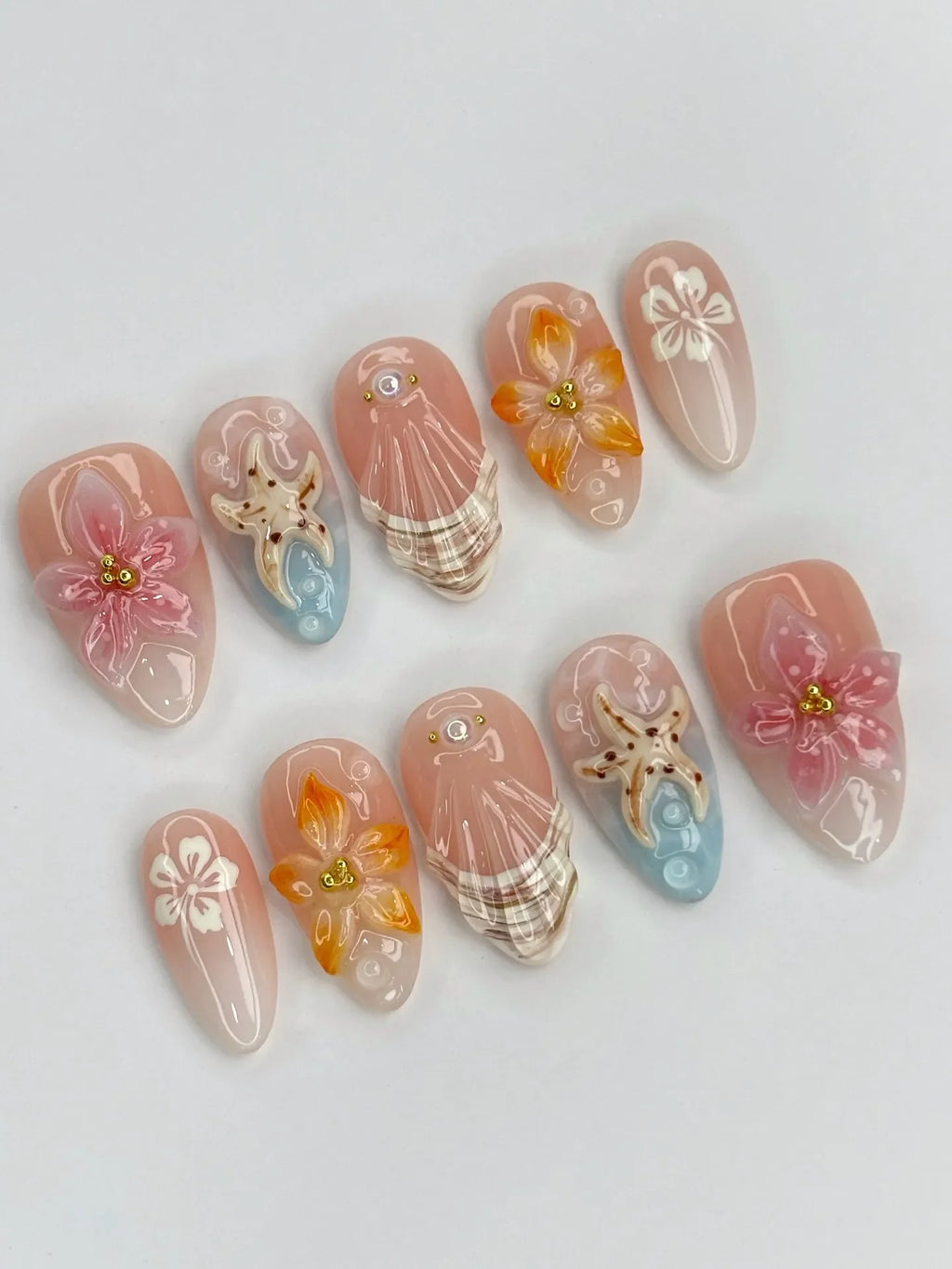 Handmade 3D Ocean Tropical Orchid Lily Garden Green Floral Press on Nails D11