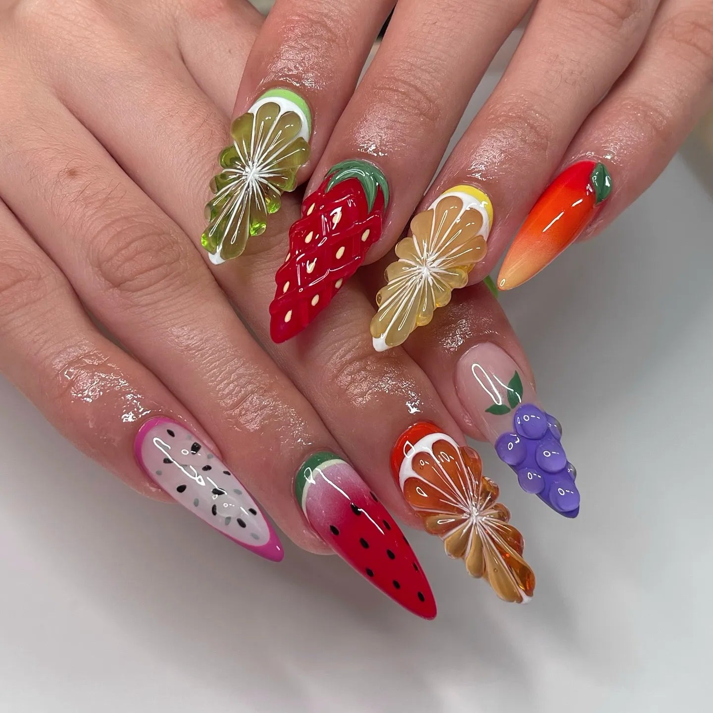 Handmade 3D Watermelon Lemon Grape Strawberry Colorful Fruit Press on Nails S07