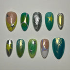Handmade Abstract Chrome Star Green Silver Metallic Press on Nails G58