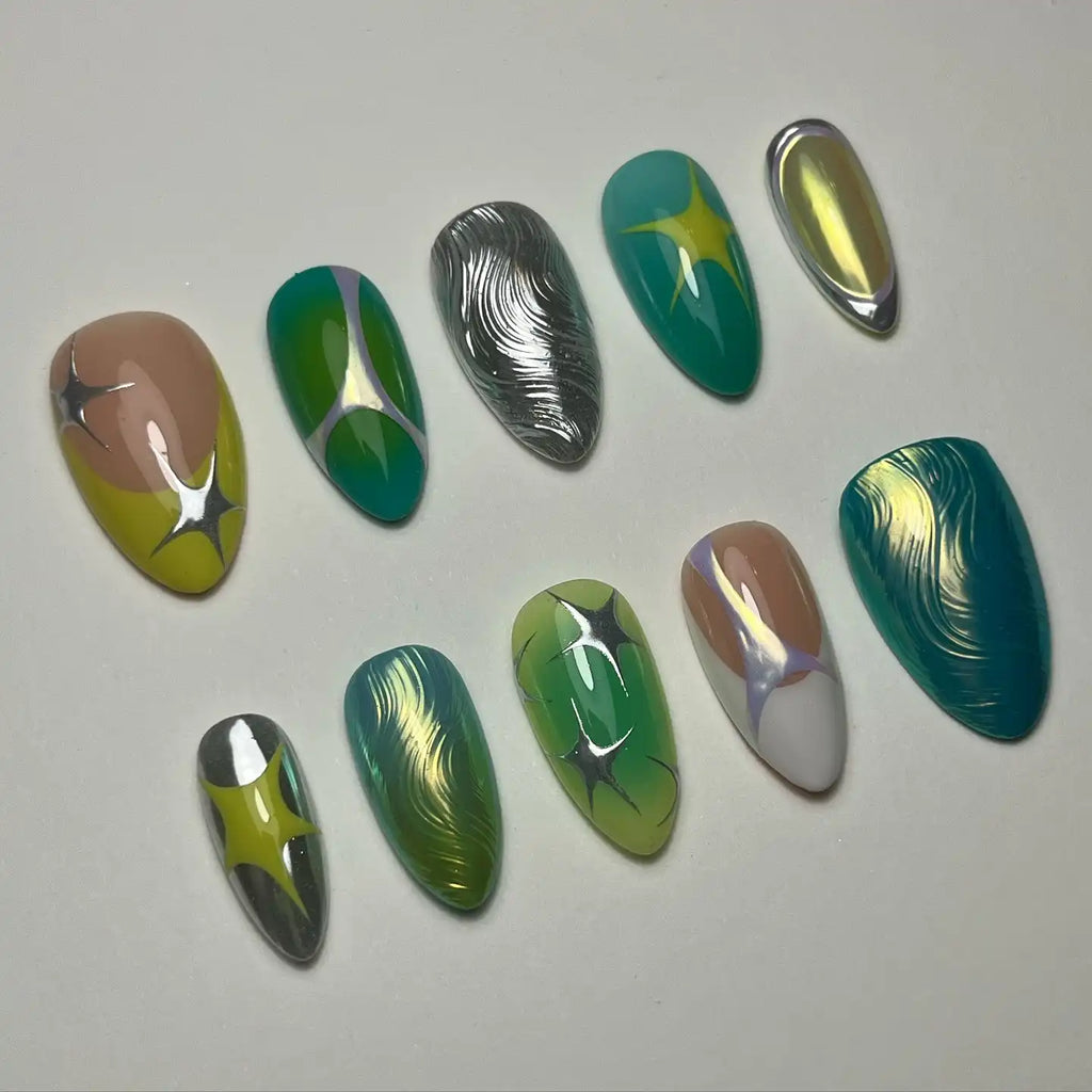 Handmade Abstract Chrome Star Green Silver Metallic Press on Nails G58