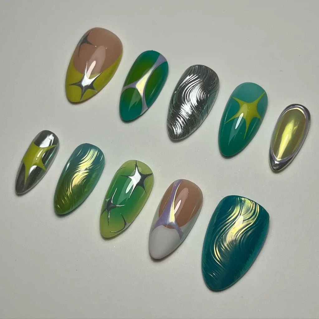 Handmade Abstract Chrome Star Green Silver Metallic Press on Nails G58