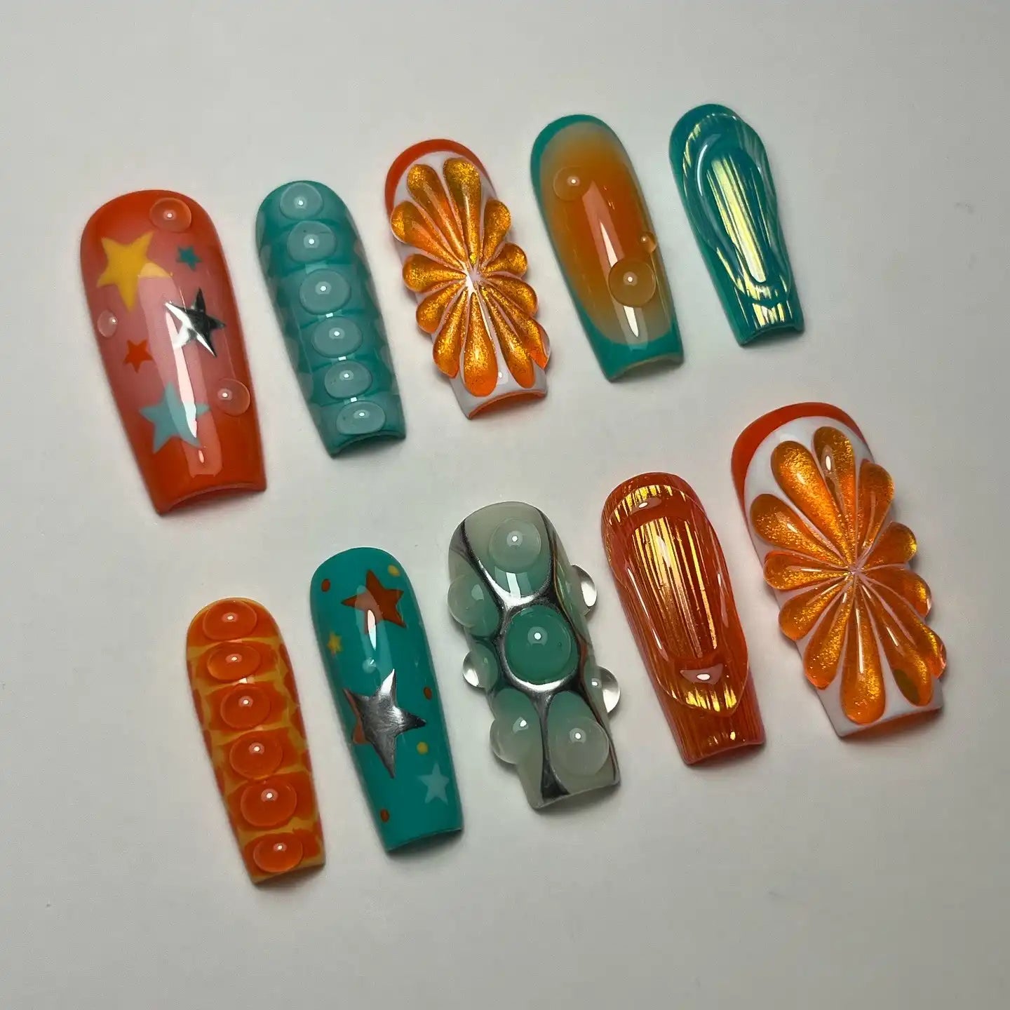 Handmade Abstract Citrus Star Teal Ocean Water Drop Press on Nails E14