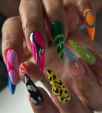 Handmade Abstract Neon Multi-Pattern 3D Chrome Press on Nails W16