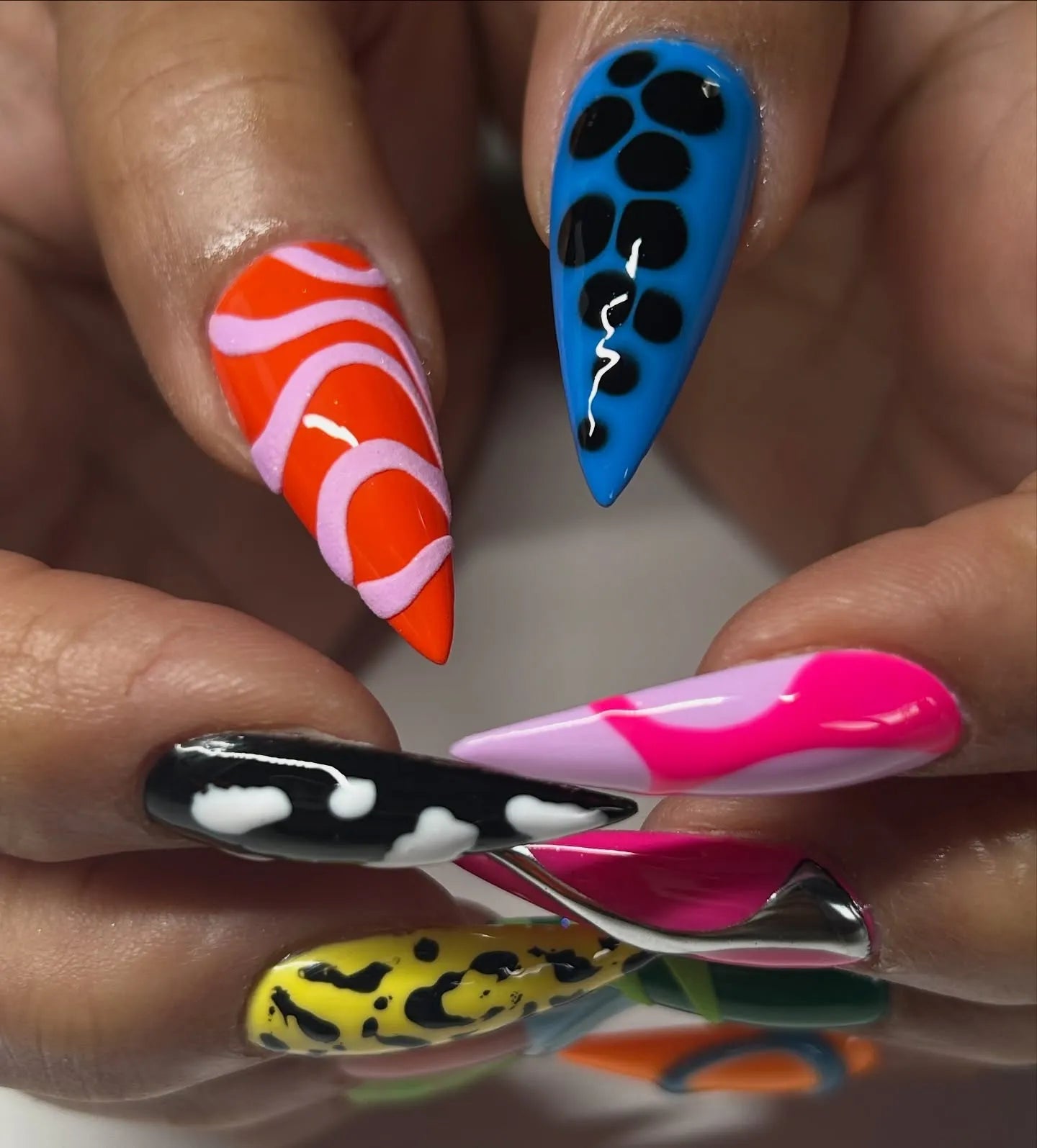 Handmade Abstract Neon Multi-Pattern 3D Chrome Press on Nails W16