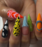Handmade Abstract Neon Multi-Pattern 3D Chrome Press on Nails W16