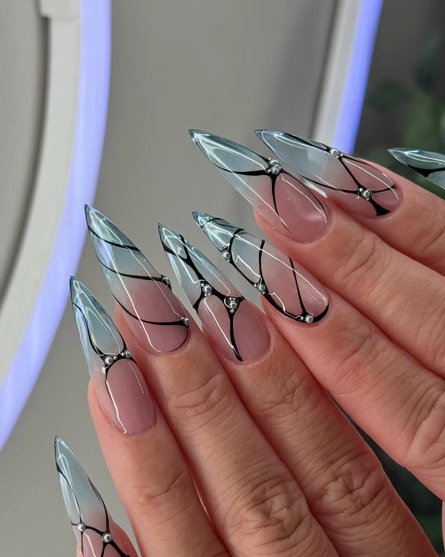 Handmade Abstract Pink Chrome Silver Modern Press on Nails B01