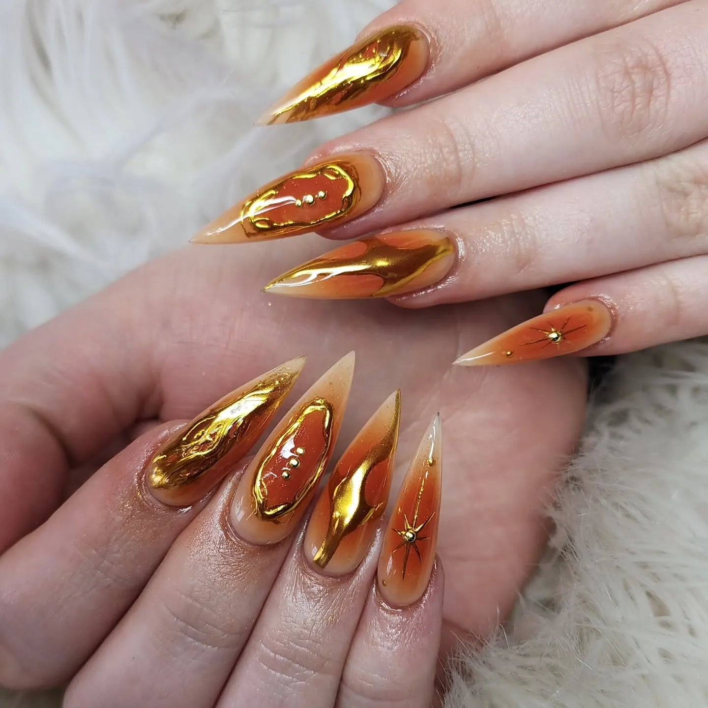 Handmade Amber Orange Gold Chrome Molten Lava Starry Art Press on Nails K01