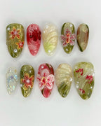 Handmade Artistic Greenery 3D Pink Orchid Floral Press on Nails N95