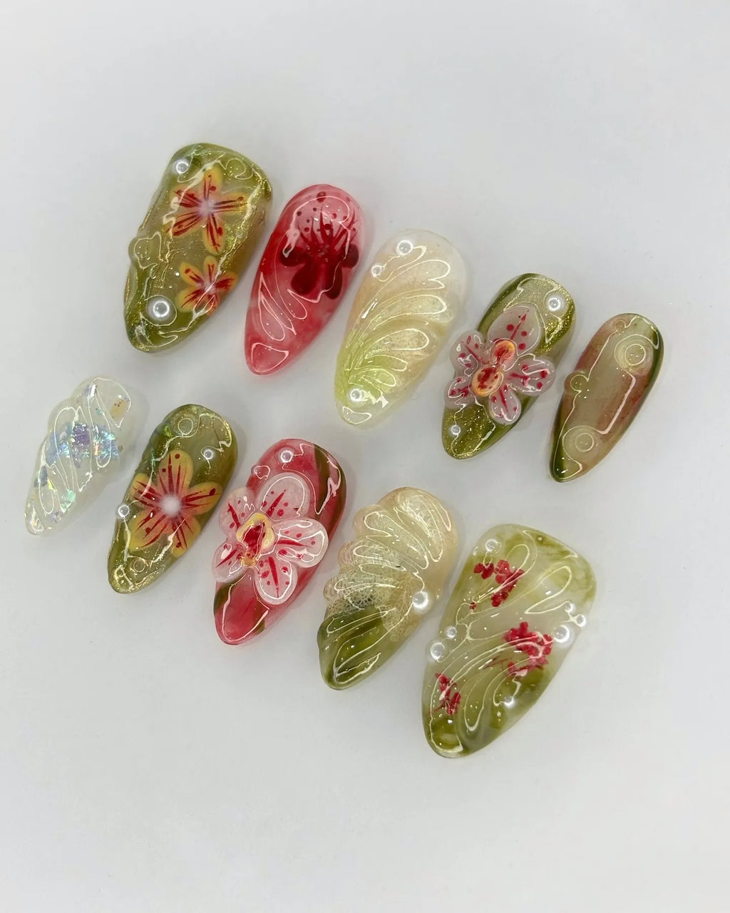 Handmade Artistic Greenery 3D Pink Orchid Floral Press on Nails N95