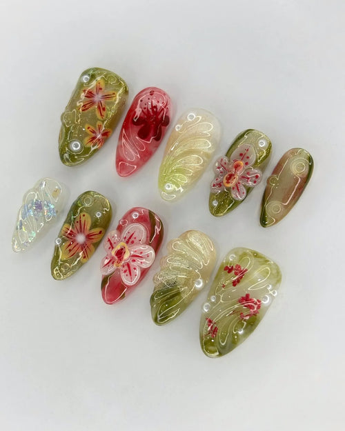 Handmade Artistic Greenery 3D Pink Orchid Floral Press on Nails N95