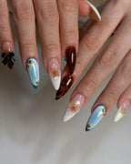 Handmade Aura Ribbon Knot with Flowers and Gold Press on Nails Z73