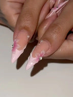 Handmade Ballet Pink French Tip 3D Floral Pearl Bridal Press on Nails K37