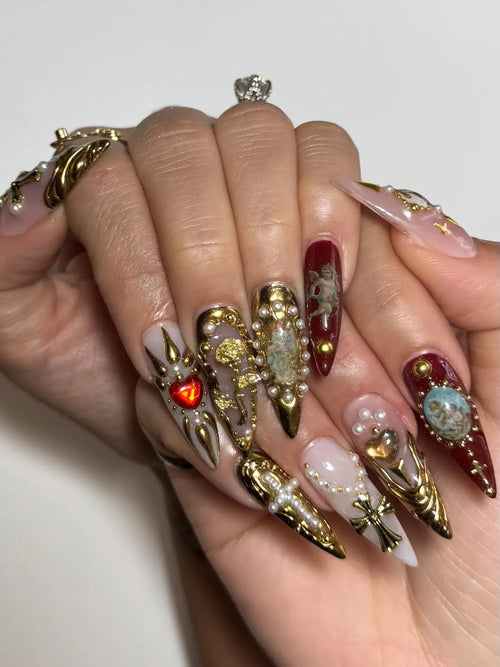 Handmade Baroque Sacred Heart Golden Cross Pearl Renaissance Press on Nails K95