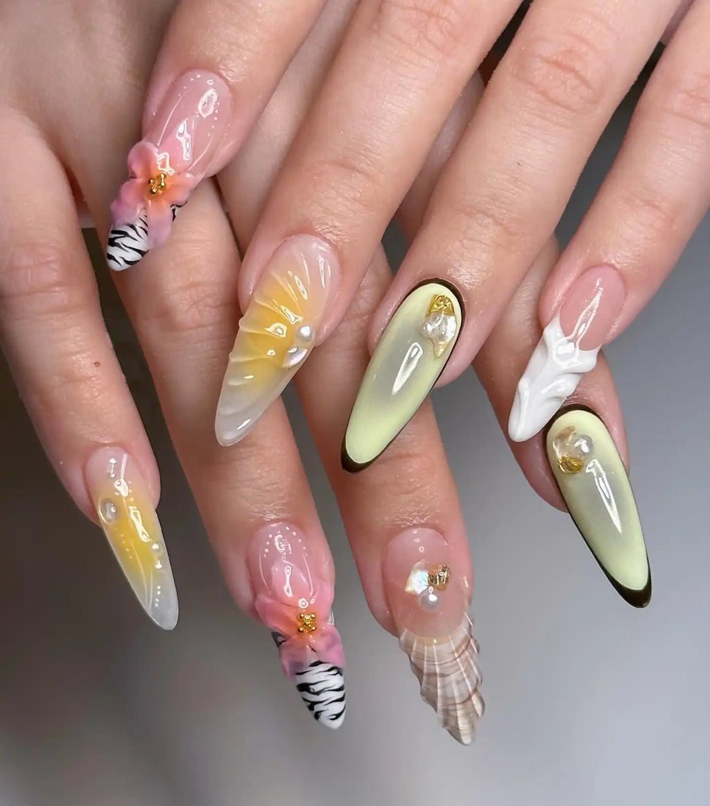 Handmade Beautiful Colorful Blossom Seashell Aura Pink Press on Nails W77