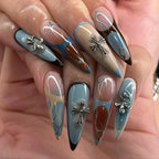 Handmade Beauty Silver Cross Long Almond Nails K58