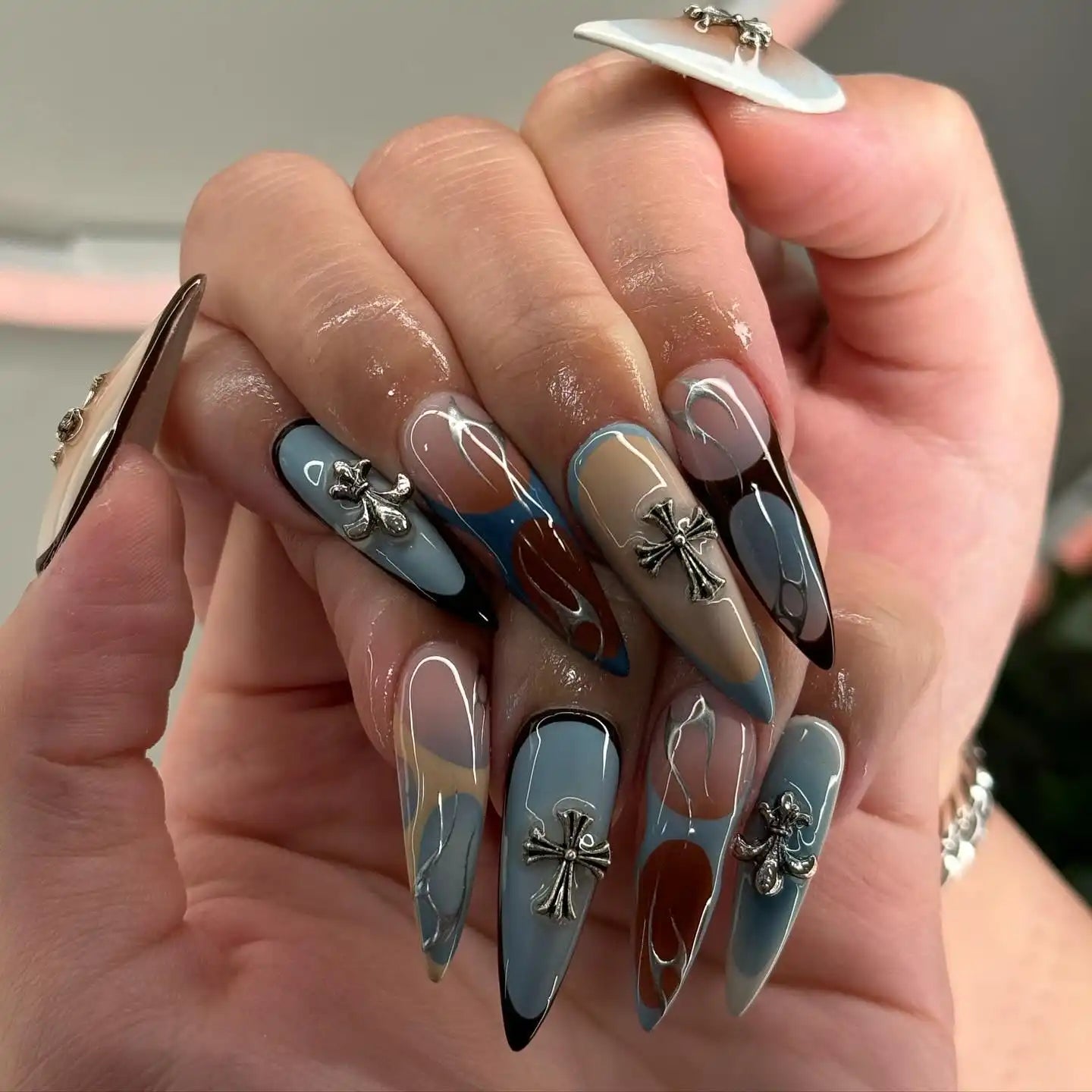 Handmade Beauty Silver Cross Long Almond Nails K58