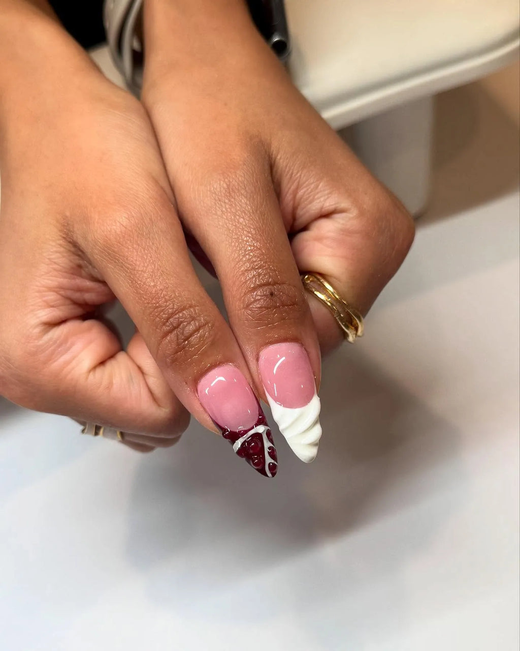 Handmade Berry Ombre Water Drop 3D Floral White French Tip Press on Nails T02