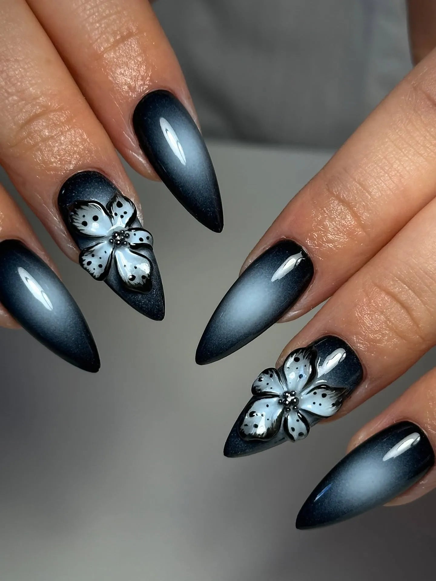 Handmade Black Aura 3D Floral Gothic Chic Edgy Glam Press on Nails T23