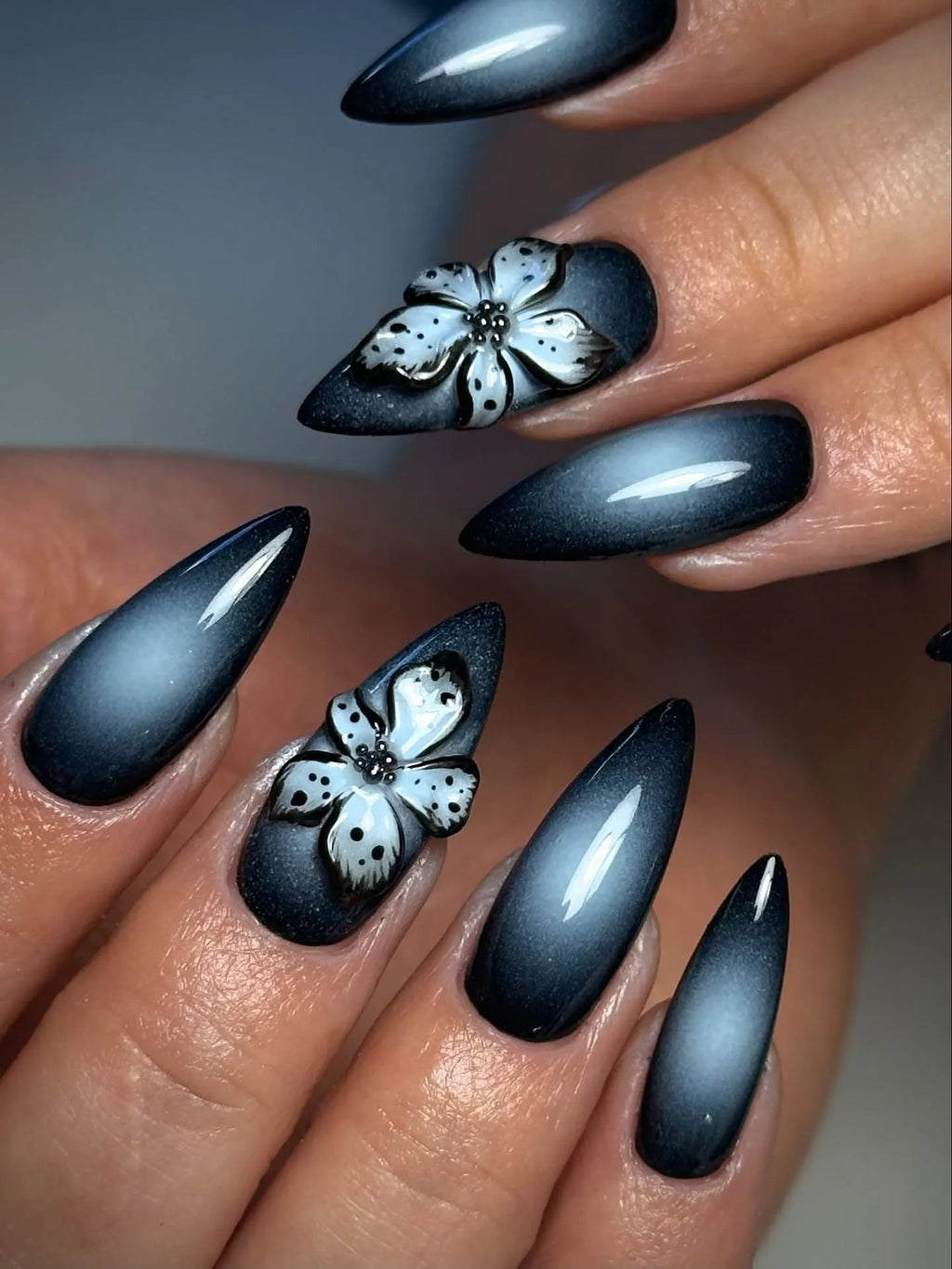 Handmade Black Aura 3D Floral Gothic Chic Edgy Glam Press on Nails T23
