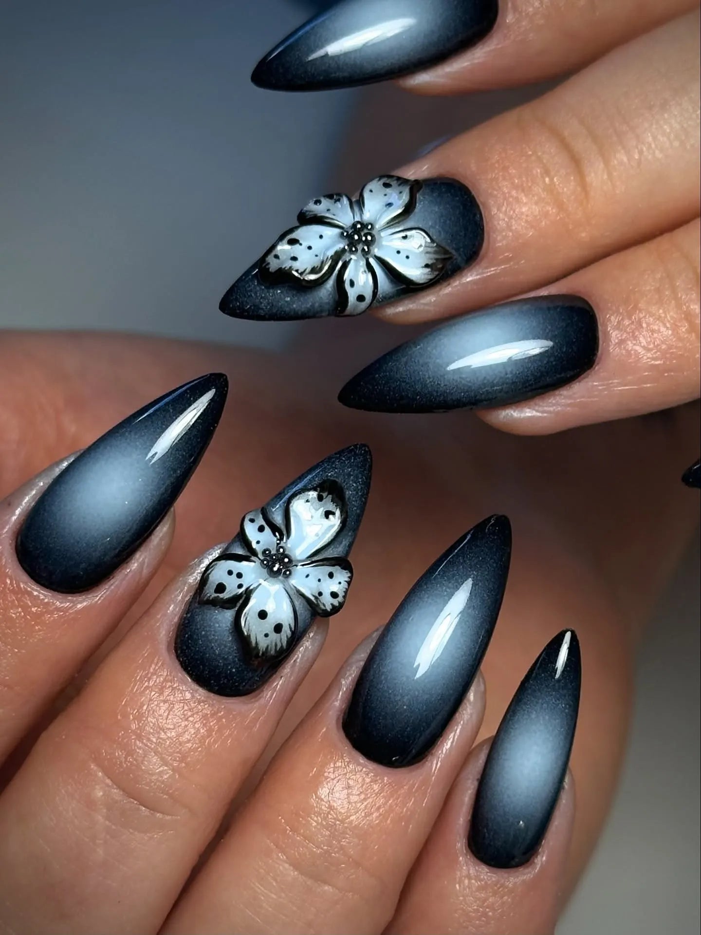 Handmade Black Aura 3D Floral Gothic Chic Edgy Glam Press on Nails T23