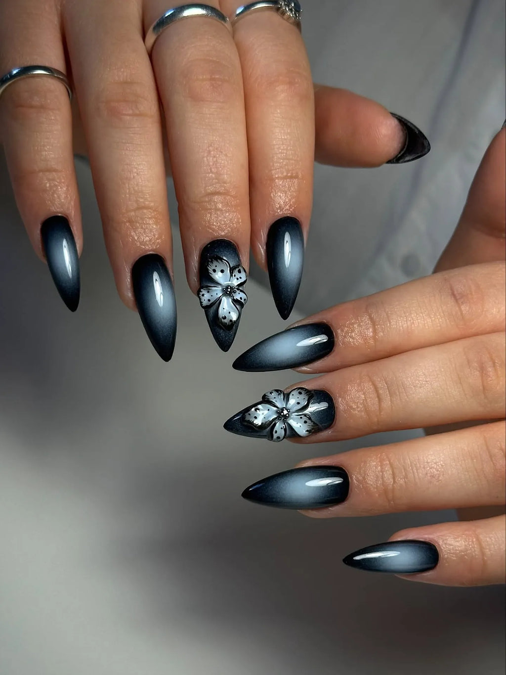 Handmade Black Aura 3D Floral Gothic Chic Edgy Glam Press on Nails T23