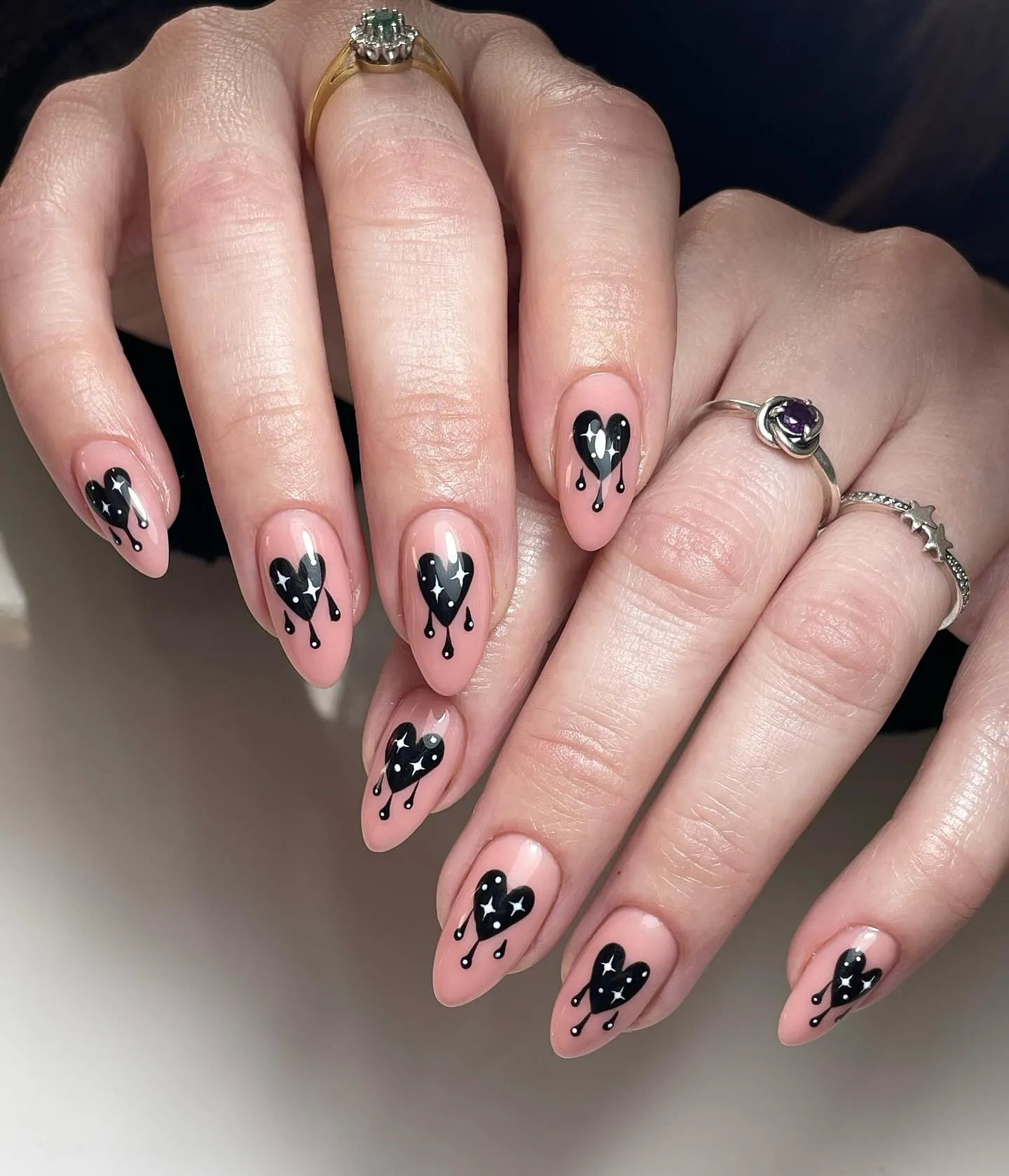 Handmade Black Bleeding Heart Star Goth Nude Pink Alt Press on Nails N11