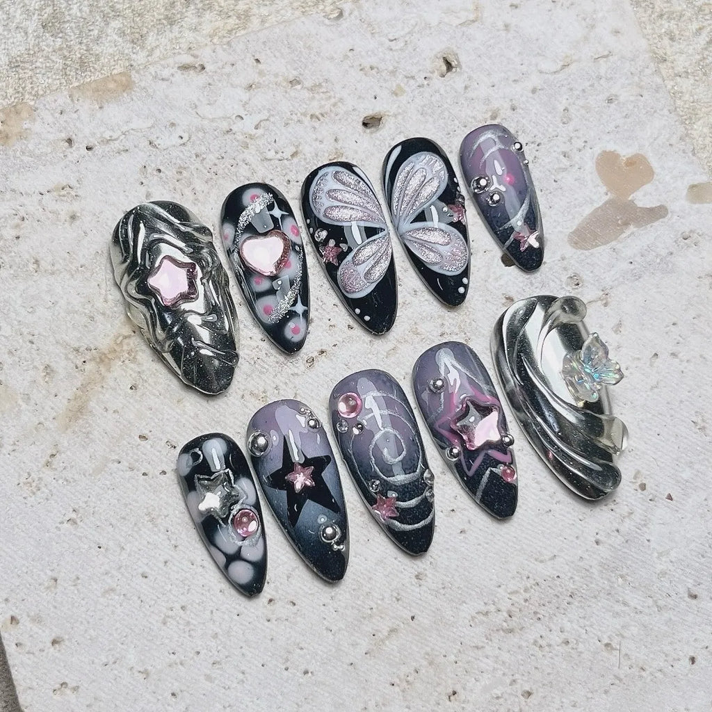 Handmade Black Cyberpunk Star Butterfly Chrome Silver Press on Nails N23