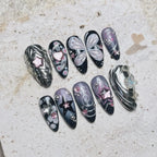 Handmade Black Cyberpunk Star Butterfly Chrome Silver Press on Nails N23